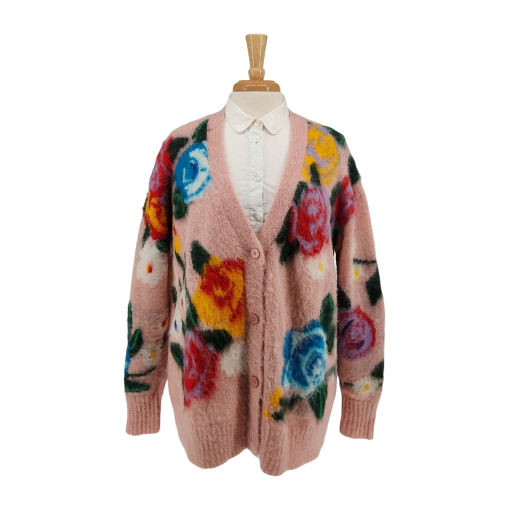 Miu Miu Ladies Oversized Pink w/ Floral Accent Mohair Blend Cardigan IT Size 38